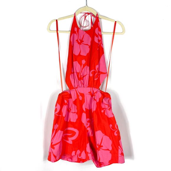 Staud Georgia Floral‎ Romper Red Pink Halter Cutout Open Back Sleeveless Sz 10 - Picture 8 of 14